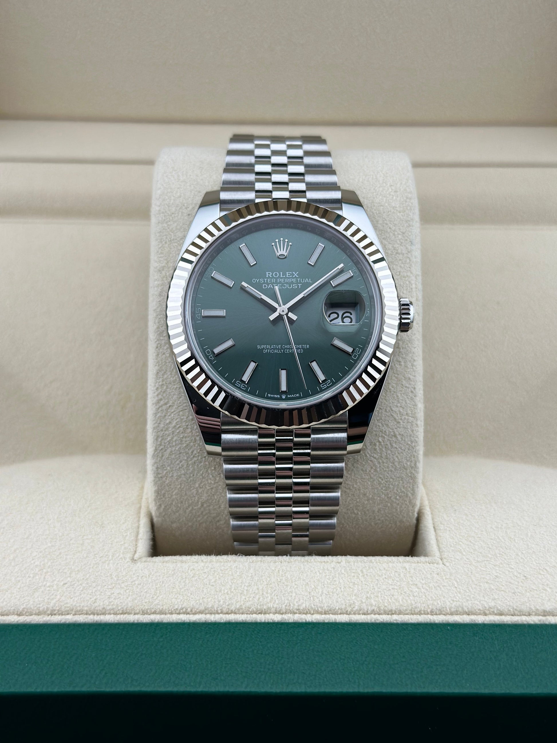 Rolex Datejust 41mm Green Dial Fluted Bezel Jubilee Watch 126334