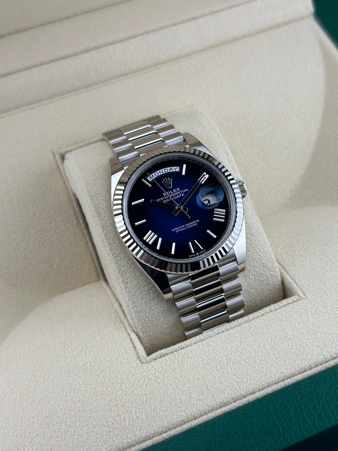 Rolex Day-Date 40 Blue Dial 228239 White Gold President Watch