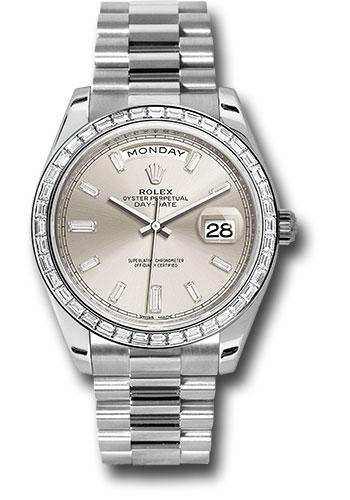 Rolex 950 Platinum Day-Date 40 Watch - Baguette Diamond Bezel - Silver Baguette Diamond Dial - President Bracelet - 228396TBR sbdp