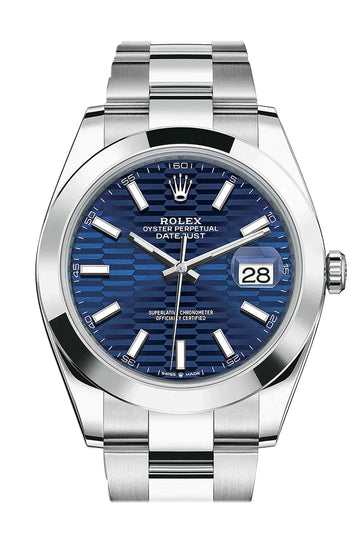 Rolex Datejust 41mm Stainless Steel Mens Watch 126334 Blue Fluted Dial Smooth Bezel with Oyster Bracelet