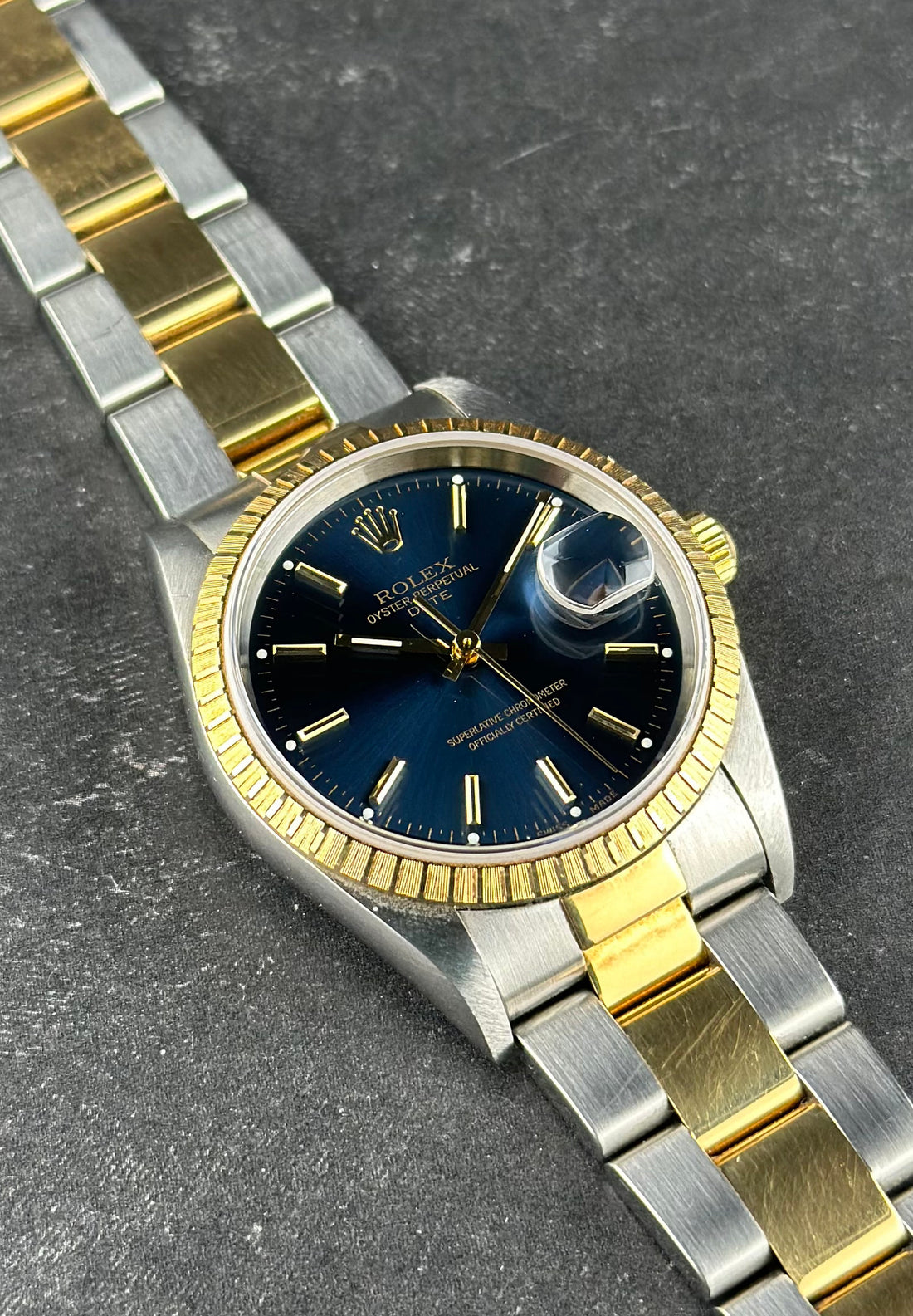 Rolex Stainless Steel Oyster Perpetual Date 34mm Blue Yellow Gold Oyster 15223