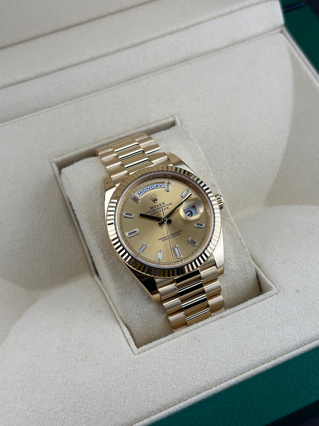 Rolex Yellow Gold Day-Date 40mm Champagne Baguette Fluted Bracelet 228238