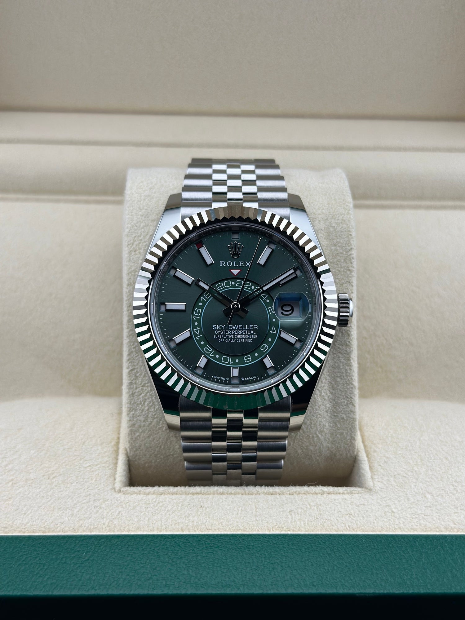 Rolex Steel Sky-Dweller 42mm Green Fluted Jubilee 336934