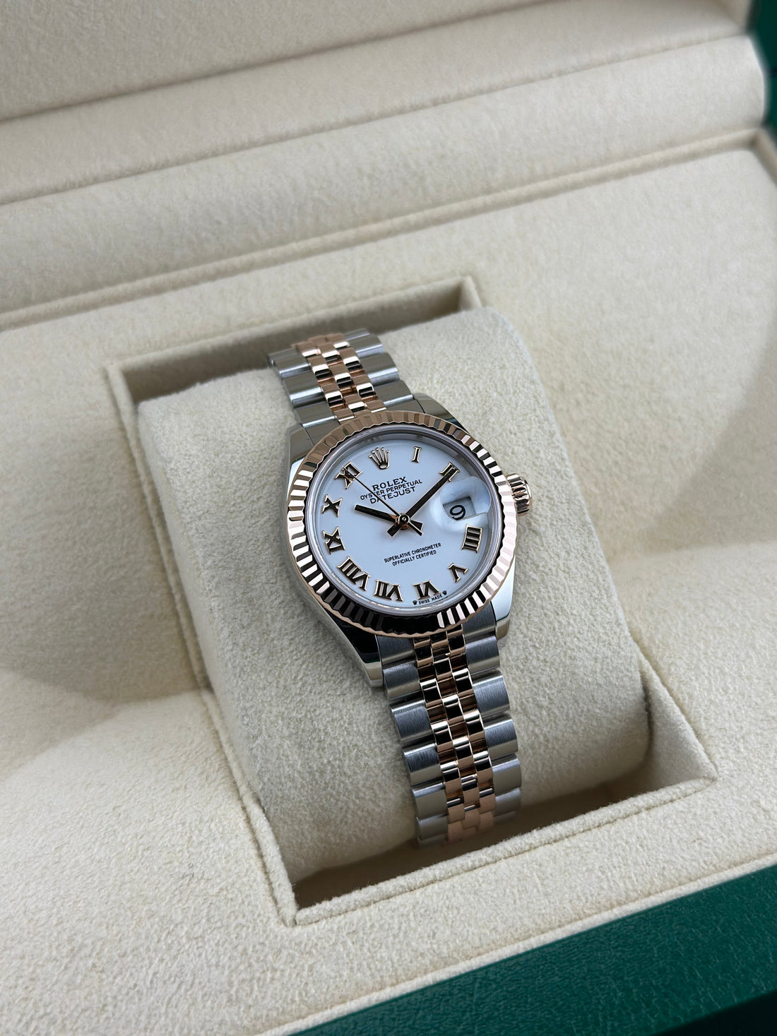 Rolex Two-Tone Rose Gold Datejust 28mm White Roman Fluted Jubilee 279171