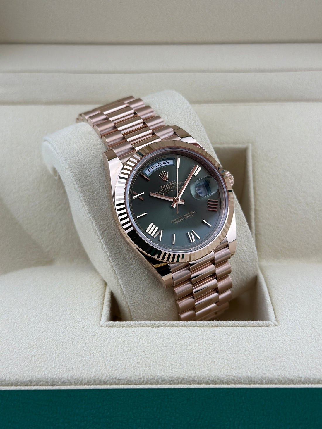 Rolex Rose Gold Day-Date 40mm Olive Fluted Presidential 228235