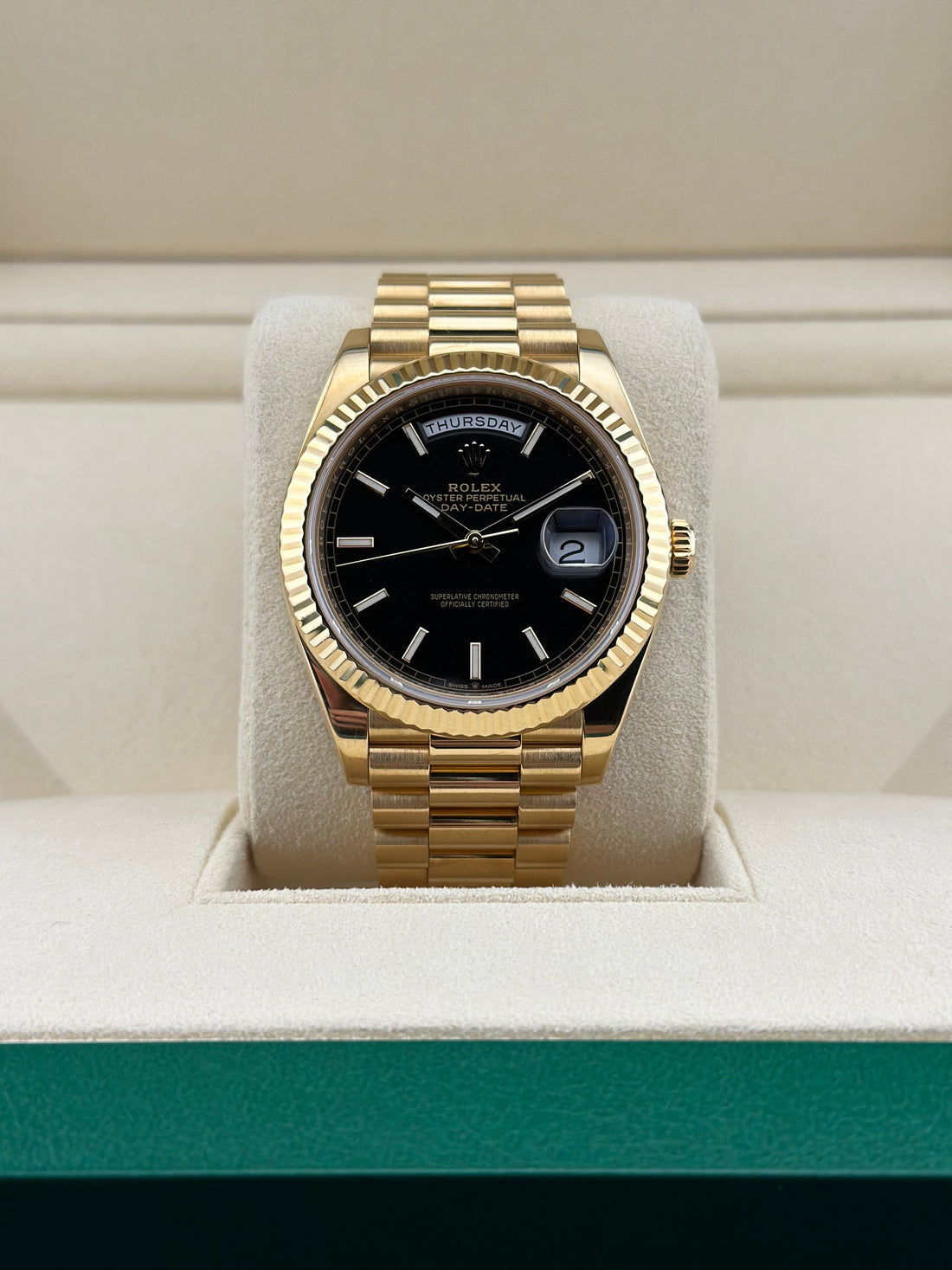 Rolex Yellow Gold Day-Date 40mm Black Motif Fluted President 228238