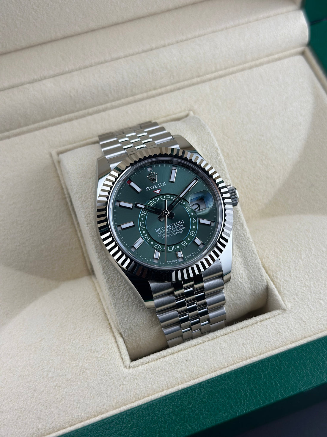 Rolex Steel Sky-Dweller 42mm Green Fluted Jubilee 336934