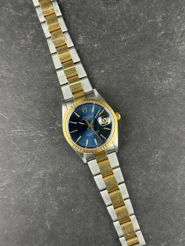 Rolex Stainless Steel Oyster Perpetual Date 34mm Blue Yellow Gold Oyster 15223