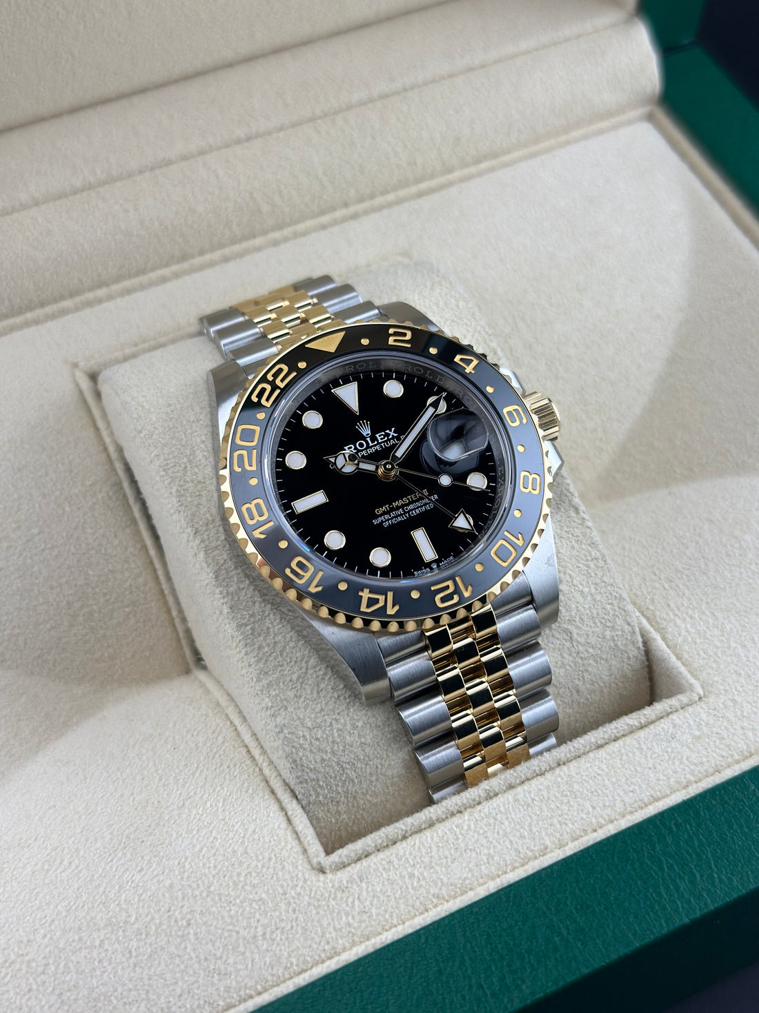 Rolex Stainless Steel GMT-Master II 40mm Black Ceramic Two-Tone Yellow Gold Jubeliee 126713GRNR Bumblebee