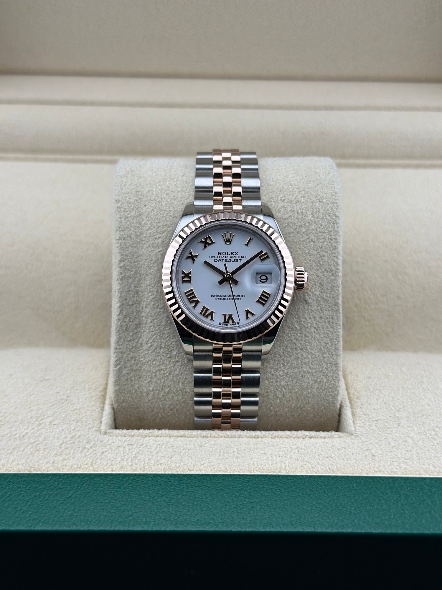 Rolex Two-Tone Rose Gold Datejust 28mm White Roman Fluted Jubilee 279171