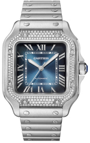 Cartier Santos De Cartier Medium  Automatic  Steel  Diamonds  Interchangeable Metal  Leather Bracelets - W4SA0006