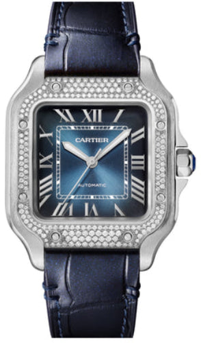 Cartier Santos De Cartier Medium  Automatic  Steel  Diamonds  Interchangeable Metal  Leather Bracelets - W4SA0006