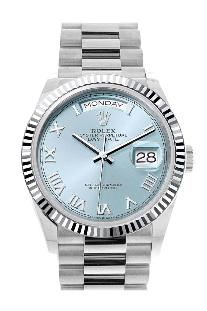 Rolex Day-Date 36 Ice Blue Diamond Dial Fluted Bezel Platinum President Watch 128236