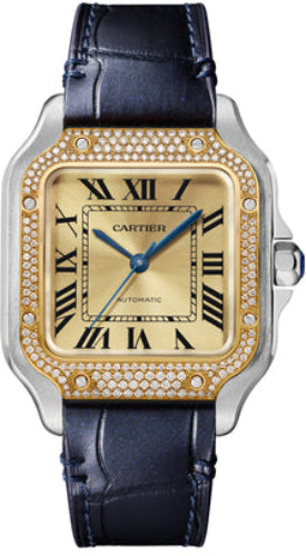 Cartier Santos De Cartier Medium Automatic Yellow Gold Steel Diamonds Interchangeable Metal And Leather Bracelets - W3SA0007