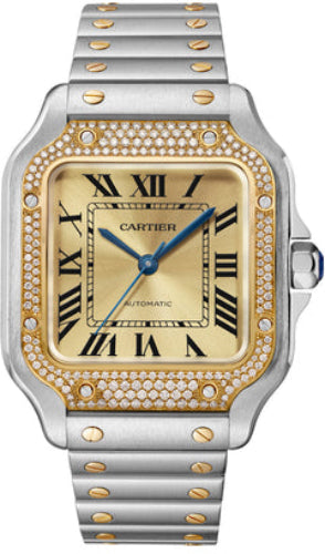 Cartier Santos De Cartier Medium Automatic Yellow Gold Steel Diamonds Interchangeable Metal And Leather Bracelets - W3SA0007