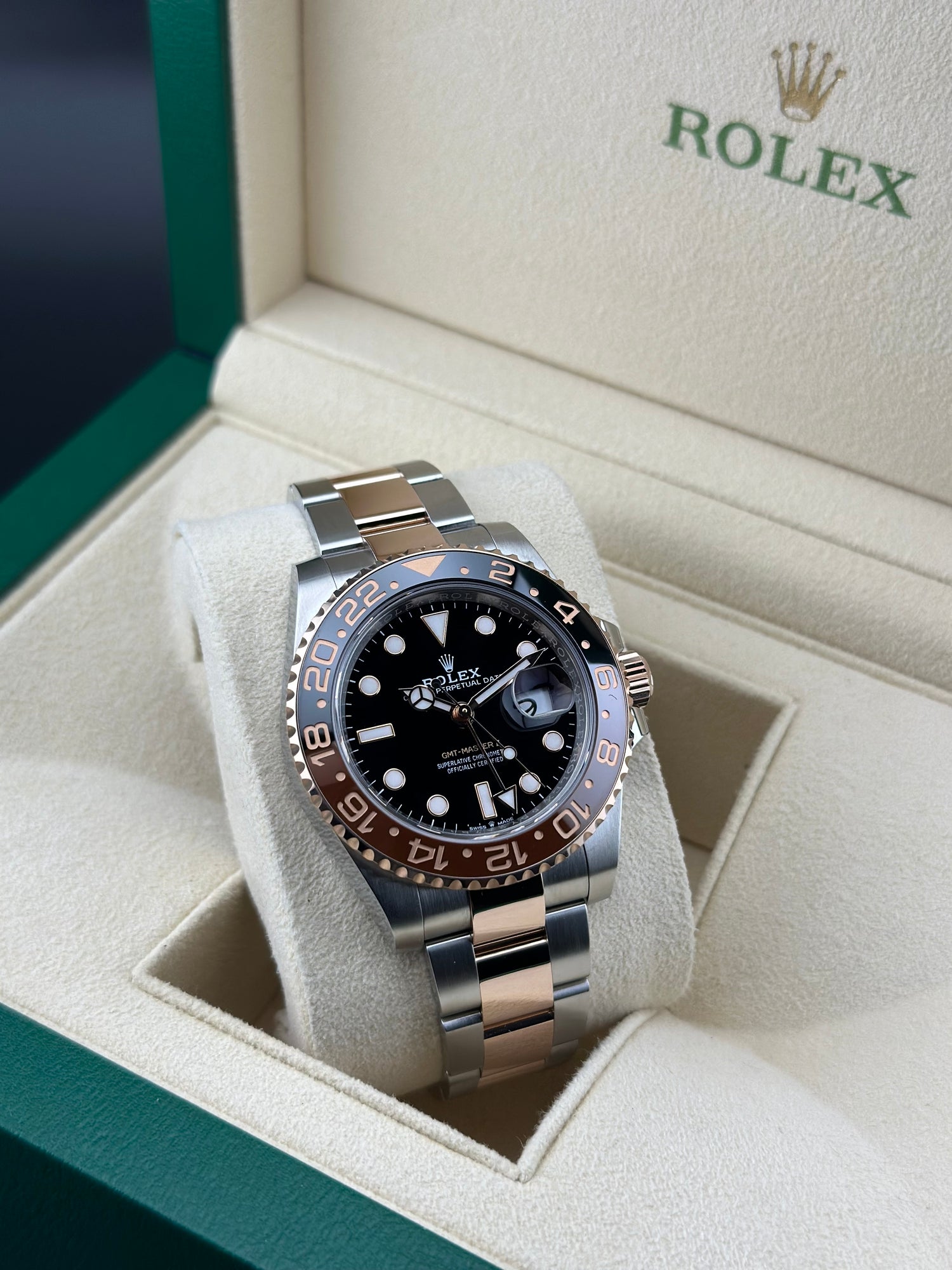 Rolex Two Tone Rose Gold GMT-Master II 40mm Black Ceramic Oyster 126711CHNR Rootbeer