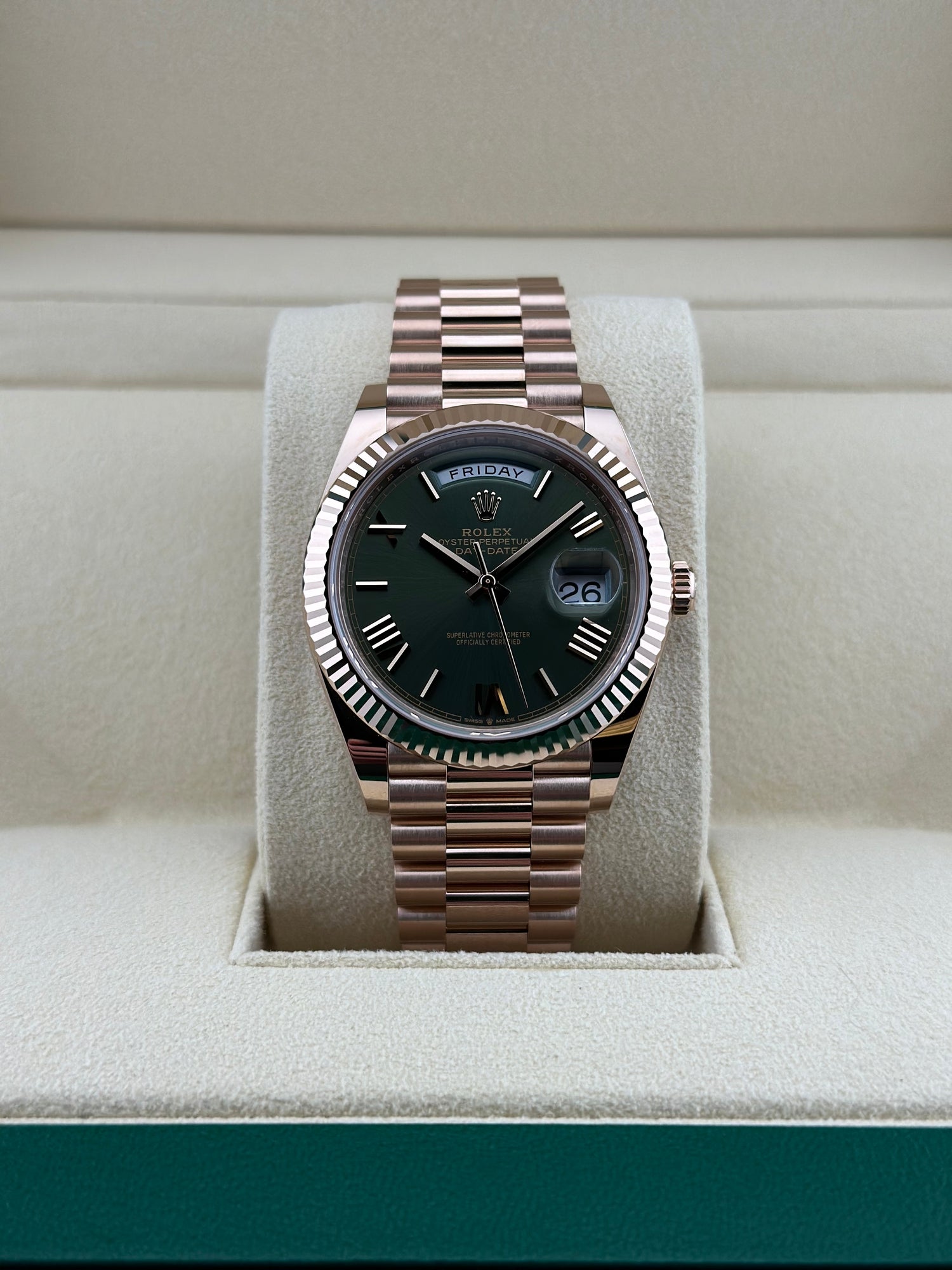 Rolex Rose Gold Day-Date 40mm Olive Fluted Presidential 228235