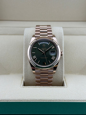 Rolex Rose Gold Day-Date 40mm Olive Fluted Presidential 228235