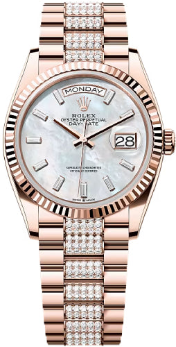 Rolex Day-Date 36 36mm White MOP Diamond-Set Dial Fluted Bezel President Bracelet - 128235 | 2024 Model