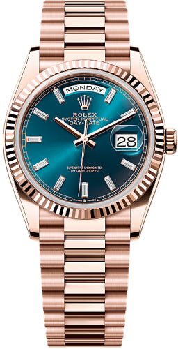 Rolex Day-Date 36 36mm Blue-Green Diamond-Set Dial Fluted Bezel President Bracelet - 128235 | 2024 Model