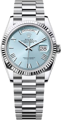 Rolex Day-Date 36 36mm Ice-Blue Dial Fluted Bezel President Bracelet - 128236 | 2024 Model