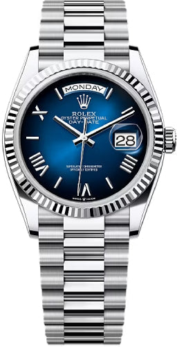 Rolex Day-Date 36 36mm Blue Ombré Dial Fluted Bezel President Bracelet - 128236