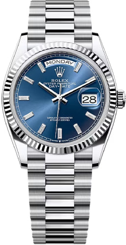 Rolex Day-Date 36 36mm Bright Blue Diamond-Set Dial Fluted Bezel President Bracelet - 128236 | 2024 Model