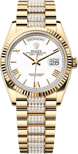 Rolex Day-Date 36 36mm White Roman Dial Fluted Bezel with Diamond-Set President Bracelet - 128238 | 2024 Model