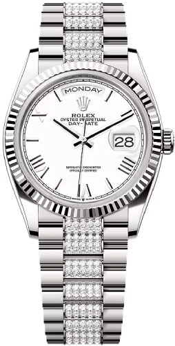 Rolex Day-Date 36 36mm White Roman Dial Fluted Bezel with Diamond-Set President Bracelet - 128239 | 2024 Model