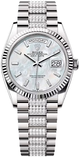 Rolex Day-Date 36 36mm White MOP Diamond-Set Dial Fluted Bezel with Diamond-Set President Bracelet - 128239 | 2024 Model