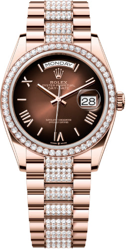 Rolex Day-Date 36 36mm Brown Ombré Dial Diamond-Set Bezel with Diamond-Set President Bracelet - 128345RBR | 2024 Model