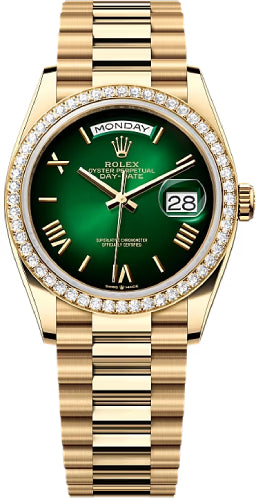 Rolex Day-Date 36 36mm Green Ombré Dial Diamond-Set Bezel President Bracelet - 128348RBR | 2024 Model