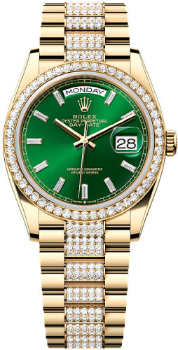 Rolex Day-Date 36 36mm Bright Green Diamond-Set Dial Diamond-Set Bezel with Diamond-Set President Bracelet - 128348RBR | 2024 Model