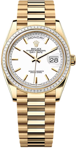 Rolex Day-Date 36 36mm White Stick Dial Diamond-Set Bezel President Bracelet - 128398TBR