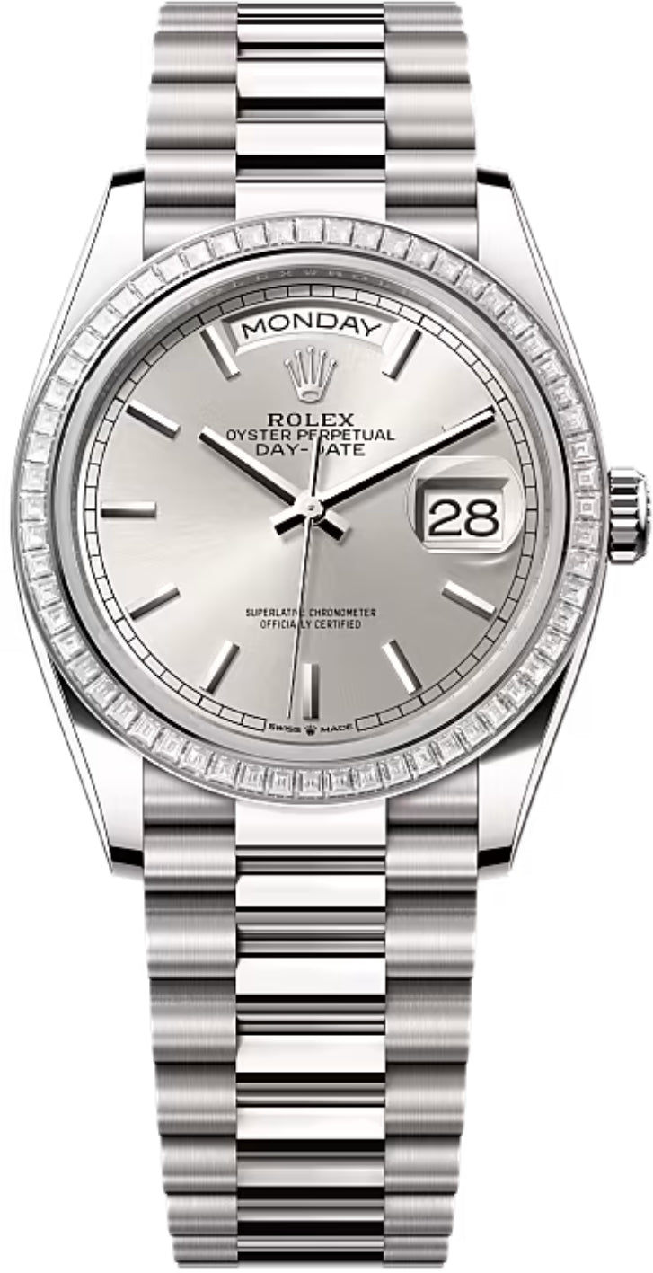 Rolex Day-Date 36 36mm Silver Stick Dial Diamond-Set Bezel President Bracelet - 128399TBR