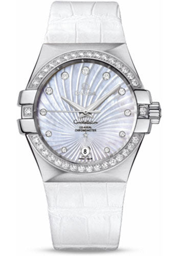 Omega Ladies Constellation Chronometer Watch - 35 mm Brushed Steel Case - Diamond Bezel - Mother-Of-Pearl Supernova Diamond Dial - White Leather Strap - 123.18.35.20.55.001