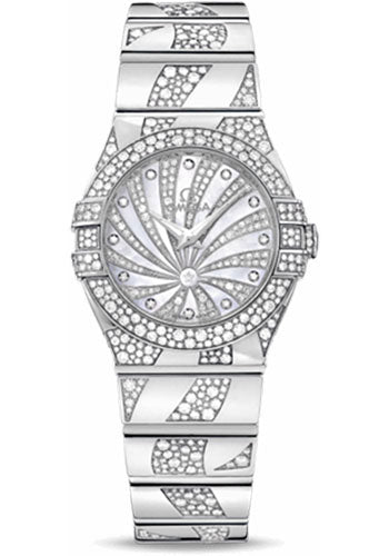Omega Ladies Constellation Luxury Edition Watch - 27 mm White Gold Case - Snow-Set Diamond Bezel - Mother-Of-Pearl Diamond Dial - 123.55.27.60.55.012