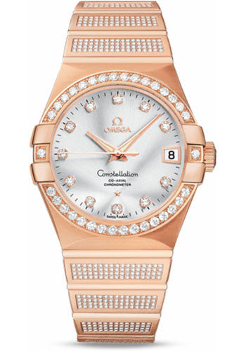 Omega Constellation Jewelry Luxury Edition Chronometer Watch - 38 mm Brushed Red Gold Case - Diamond Bezel - Silver Diamond Dial - 123.55.38.21.52.005