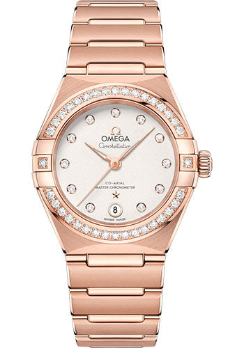 Omega Constellation Manhattan Co-Axial Master Chronometer Watch - 29 mm Sedna Gold Case - Diamond-Paved Bezel - Crystal White Silvery Diamond Dial - 131.55.29.20.52.001