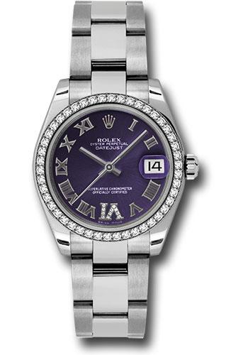 Rolex Steel and White Gold Datejust 31 Watch - 46 Diamond Bezel - Purple Diamond Roman Vi Roman Dial - Oyster Bracelet - 178384 pdro
