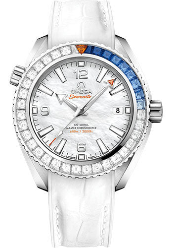 Omega Planet Ocean 600M Co-Axial Master Chronometer Limited Edition of 88 Watch - 39.5 mm White Gold Case - Unidirectional Diamond Bezel - Mother-Of-Pearl Dial - White Leather Strap - 215.58.40.20.05.001