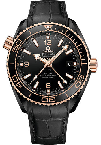Omega Planet Ocean 600 M Omega Co-axial Master Chronometer GMT Deep Black Watch - 45.5 mm Black Ceramic Case - Sedna Gold Unidirectional Bezel - Black Dial - Black Water Resistant Leather Strap - 215.63.46.22.01.001