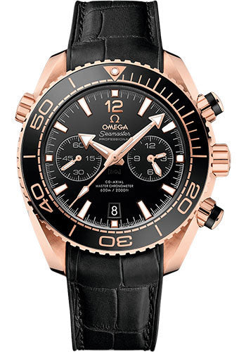 Omega Planet Ocean 600 M Omega Co-axial Master Chronometer Chronograph Watch - 45.5 mm Sedna Gold Case - Unidirectional Black Ceramic Bezel - Black Ceramic Dial - Black Leather Strap - 215.63.46.51.01.001