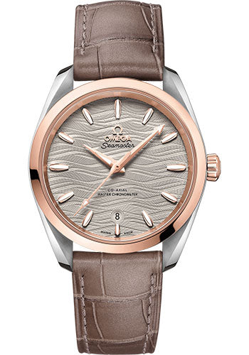 Omega Seamaster Aqua Terra 150M Co-Axial Master Chronometer Ladies Watch - 38 mm Steel And Sedna Gold Case - Waved Agate Grey Dial - Taupe-Brown Leather Strap - 220.23.38.20.06.001