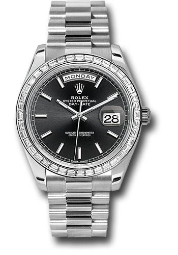 Rolex 950 Platinum Day-Date 40 Watch - Baguette Diamond Bezel - Black Index Dial - President Bracelet - 228396TBR bkip
