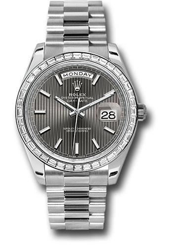 Rolex 950 Platinum Day-Date 40 Watch - Baguette Diamond Bezel - Dark Rhodium Index Dial - President Bracelet - 228396TBR drsmip