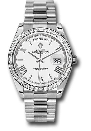 Rolex 950 Platinum Day-Date 40 Watch - Baguette Diamond Bezel - White Bevelled Roman Dial - President Bracelet - 228396TBR wrp