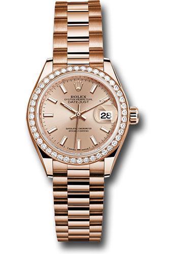 Rolex Everose Gold Lady-Datejust 28 Watch - 44 Diamond Bezel - Pink Sundust Index Dial - President Bracelet - 279135RBR pip