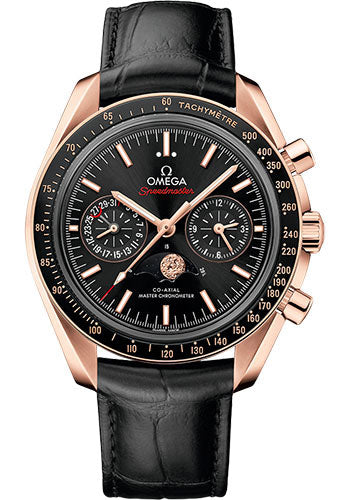Omega Speedmaster Moonphase Master Chronometer Chronograph Watch - 44.25 mm Sedna Gold Case - Black Diamond Dial - Black Leather Strap - 304.63.44.52.01.001