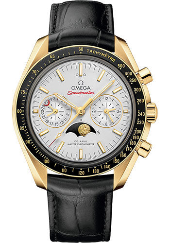 Omega Speedmaster Moonphase Master Chronometer Chronograph Watch - 44.25 mm Yellow Gold Case - Silvery Diamond Dial - Black Leather Strap - 304.63.44.52.02.001